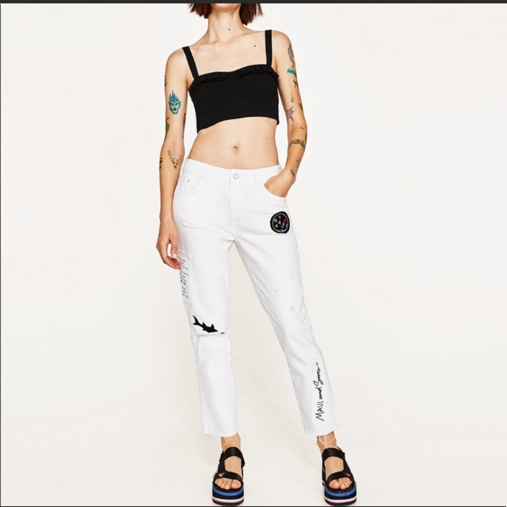 New Zara  + MAUI & SONS Wide Legs Barrel Patch Jeans White 6